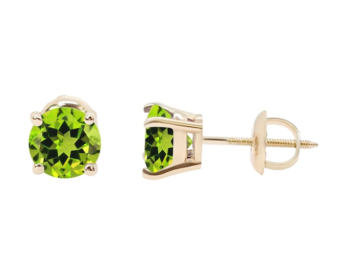 Peridot 14K Solid Gold  Round Solitaire Earrings stud Choice CZ or Natural Peridot choice Screw Backing or Butterfly Push Back 4mm - 8mm