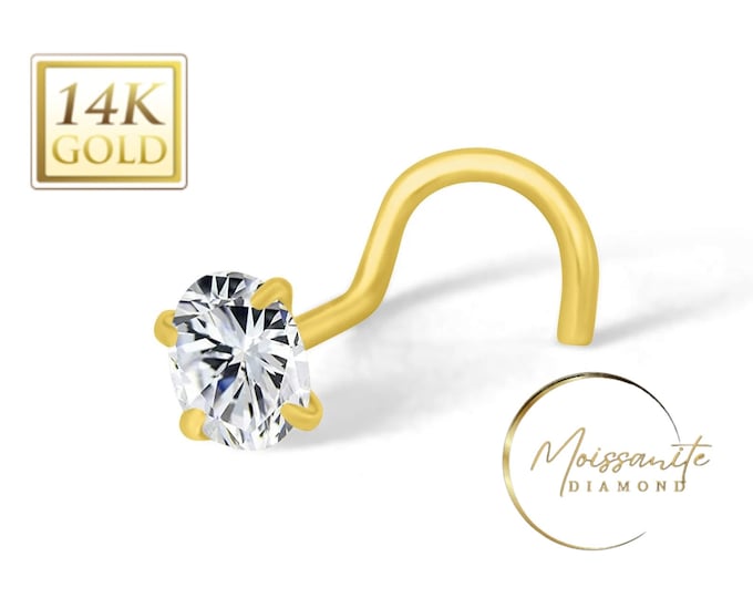 Moissanite Oval 14K Solid Gold Nose Stud L shape or Twisted Crooked Screw or Ball End 20 GA VVS1/DEF Moissanite nose Piercing.