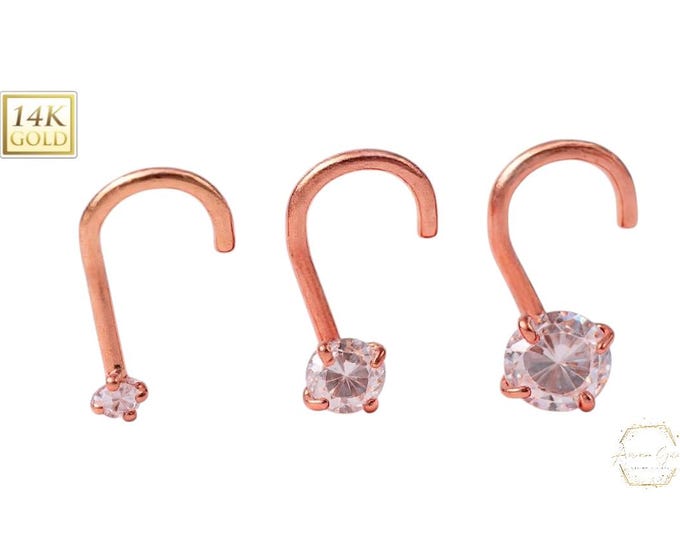 14K Rose Gold , Curve Bar Nose Stud, Diamond Nose Stud, Moissanite , Lab Diamond, Nose Stud 20 GA 1.50mm-3.50mm Gemstone Nose Piercing.