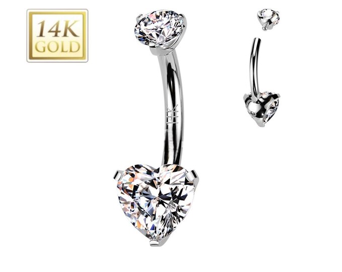 14K Gold Heart Shape CZ Prong Set Navel Belly Button Ring  14 Gauge post length 3/8"  10.00MM