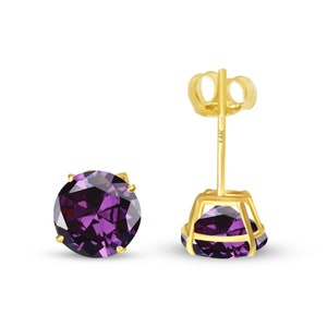 Amethyst 14K Real Yellow Gold Light Weight Gold sold in 1 Pair Round Solitaire Amethyst  February Birthstone  Earrings stud.