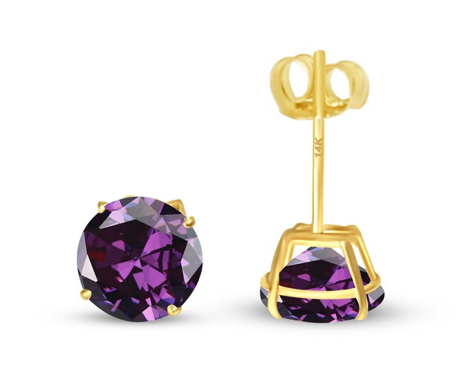 Amethyst 14K Real Yellow Gold Light Weight Gold sold in 1 Pair Round Solitaire Amethyst  February Birthstone  Earrings stud.