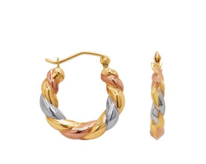 14K Real Gold 3 Tone Gold Hollow Baby Shrimp Hoop Earrings 18.00MM, Real Yellow Gold NEW Women's Girl Earrings.