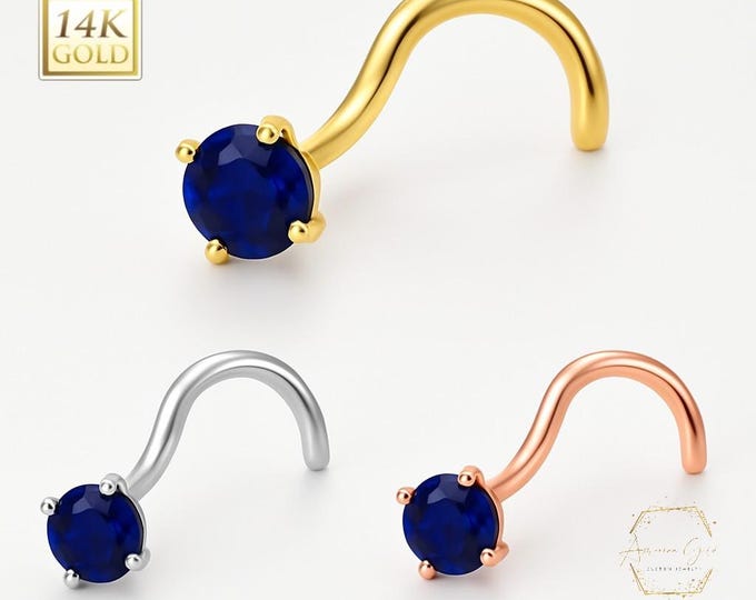 Blue Sapphire 14K Solid gold Blue Sapphire Nose Stud ,  14K Solid Gold in Twisted Crooked Screw, 20 GA, Nose Pin, Nostril, Nose Jewel