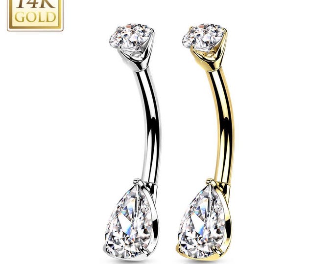 14K Gold Tear Drop CZ Prong Set Navel Belly Button Ring  14 Gauge post length 3/8"  10.00MM