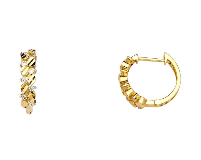 13MM Collection of Hoops 14K Real Gold 1 Pair of Hinged Hoop Lined CZ  REAL GOLD Assorted design with Width 13MM  sold 1 Pair .