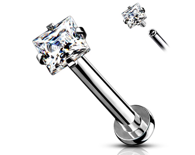 14K Gold Internally Threaded Labret, Flat Back Stud With Square Prong Set CZ Top Sold 1 piece 16GA , Lip, Cartiladge, Nose Stud, Tragus.