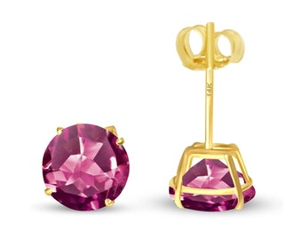 Tourmaline 14K Real Yellow Gold Light Weight Gold  sold in 1 Pair Round Solitaire Pink Tourmaline Earrings stud.