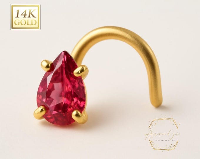 Tourmaline 14K Solid gold Genuine Gemstone of Tourmaline Nose Stud ,  14K Solid Gold in Twisted Crooked Screw, 20 GA