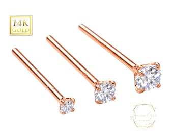 14K Rose Gold, Straight End 12 mm Diamant Nasenstecker, Moissanit, Lab Diamant, Nasenstecker 20 GA 1,50 mm-3,50 mm Edelstein Nasenpiercing.