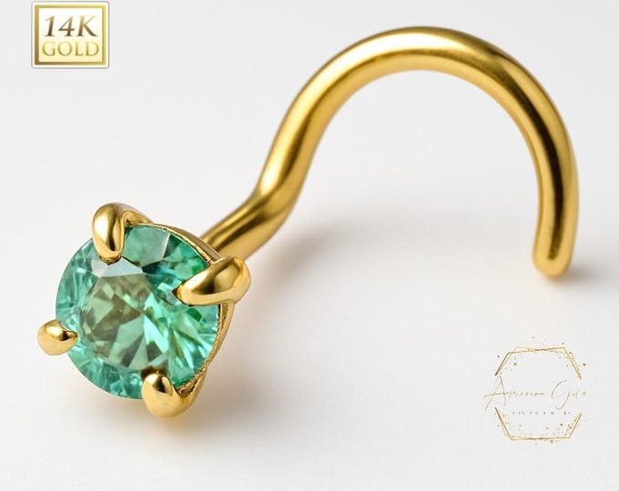 0.20 ct Oval Alexandrite 14K Solid gold Genuine Alexandrite Nose Stud ,  14K Solid Gold in Twisted Crooked Screw, 20 GA