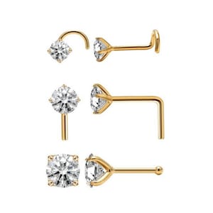 14K Solid Gold , Curve Bar Nose Stud, Diamond Nose Stud, Moissanite , Lab Diamond, Nose Stud 20 GA 1.50mm-3.50mm Gemstone Nose Piercing.