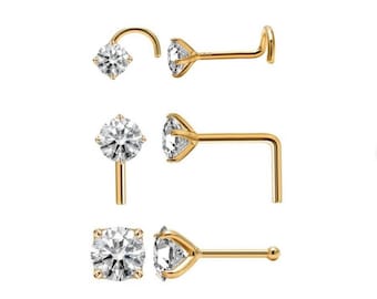 14K Solid Gold, Curve Bar Nasenstecker, Diamant Nasenstecker, Moissanite, Lab Diamant, Nasenstecker 20 GA 1,50 mm-3,50 mm Edelstein Nasenpiercing.