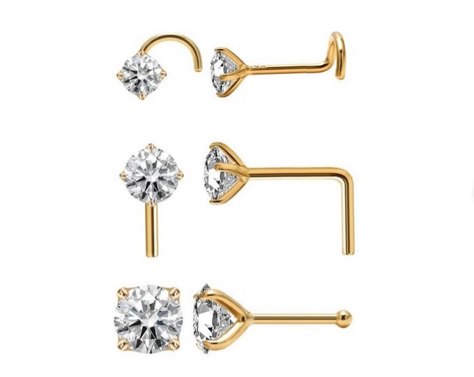 14K Solid Gold , Curve Bar Nose Stud, Diamond Nose Stud, Moissanite , Lab Diamond, Nose Stud 20 GA 1.50mm-3.50mm Gemstone Nose Piercing.