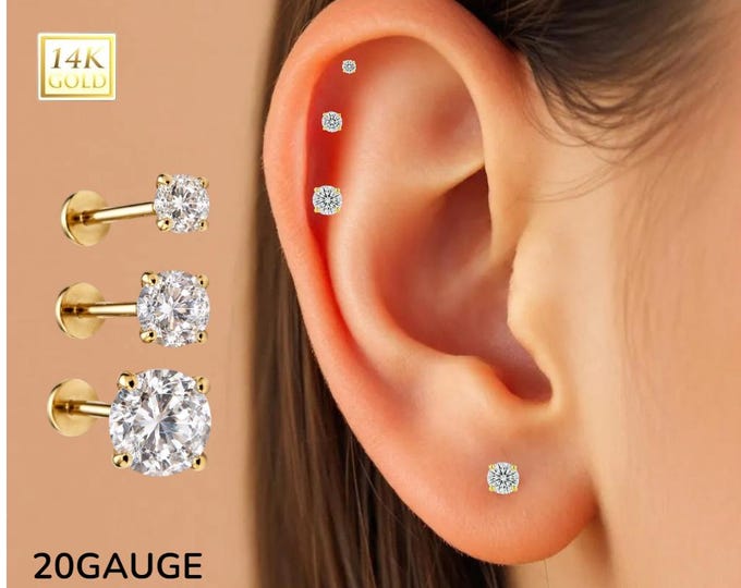 14K Gold Internally Threaded Labret, Flat Back Stud With Prong Set CZ Top Sold 1 piece 20GA , Lip, Cartiladge, Nose Stud, Tragus.