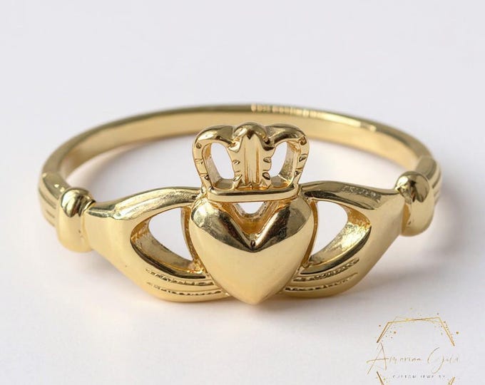 14K Real Gold Claddagh Ring Irish Claddagh Plaon , Love Rings, Birthday, Gift, Girl Rings Size 7