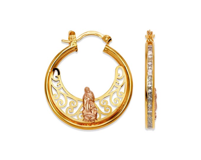 2mm Round Tube Hoop Earrings 14K Real Gold 1 Pair with Hinged Guadalupe CZ Hoop.