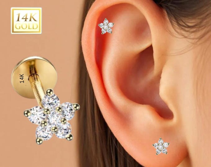 14K Gold Internally Threaded Labret, Flat Back Stud With Prong Set 6 Gemstones Top Sold 1 piece 20GA , Select your stone.