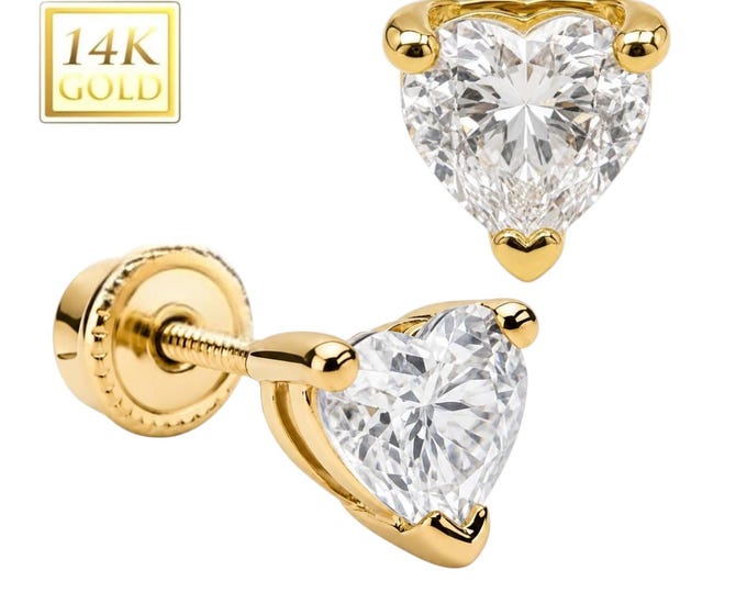 14K Solid Gold with Heart 3 Prong Round Stud baby screw backing earrings 1 pair.