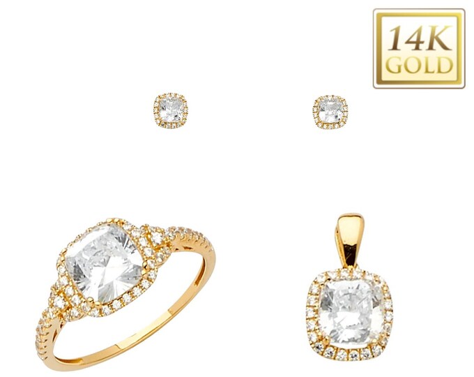 14K Gold  Halo Cushion CZ Collection , Real Gold , For women's Gift and Anniversary Gift , Pendant , Earring, Ring Sold Separately