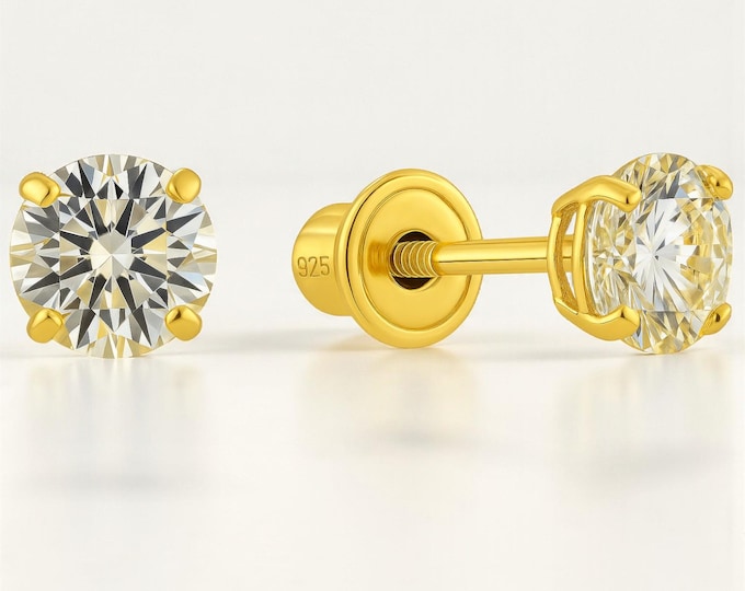 Moissanite Sterling Silver Round with BabyeScrew Backing Thin 22 GA post 2mm 3mm 4mm 5mm 6mm  Men's Women's Stud Earring 1 pair.