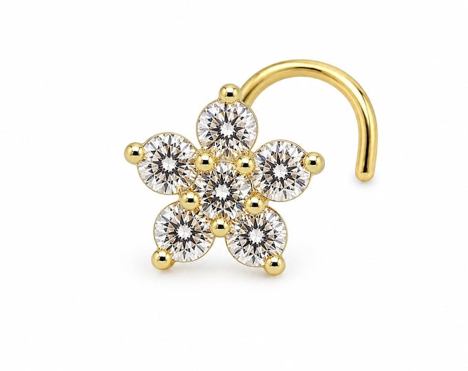14K Gold  Nose Stud Rings with CZ Flower Top 20 Gauge with Twisted or L shape or Bone End  Real Gold 14K Body Piercing Nose Piercing.