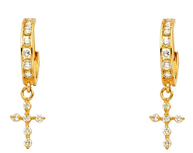 Assorted Small Dangle Hoops Dangle 14K Real Gold Hinge 1 Pair Cubic Zirconia Sold 1 Pair.