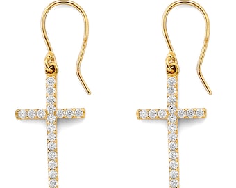 Cross Earrings 14K Real Gold 1 Pair with Gemstone Cubic Zirconia Yellow Gold NEW Women's Girl Earrings.