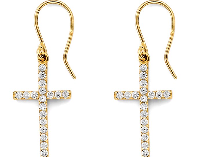 Cross Earrings 14K Real Gold 1 Pair with Gemstone Cubic Zirconia Yellow Gold NEW Women's Girl Earrings.