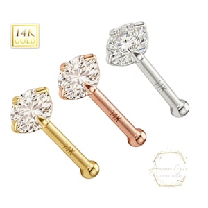 14K Solid Gold, Bone End Nasenstecker, Diamant Nasenstecker, Moissanit, Lab Diamant, Nasenstecker 20 GA 1,50 mm-3,50 mm Edelstein Nasenpiercing.