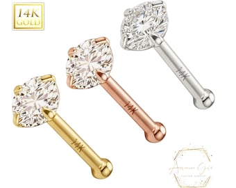 14K Solid Gold, Bone End Nasenstecker, Diamant Nasenstecker, Moissanit, Lab Diamant, Nasenstecker 20 GA 1,50 mm-3,50 mm Edelstein Nasenpiercing.