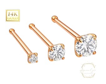 14K Rosegold, Bone End Nasenstecker, Diamant Nasenstecker, Moissanite, Lab Diamant, Nasenstecker 20 GA 1,50 mm-3,50 mm Edelstein Nasenpiercing.