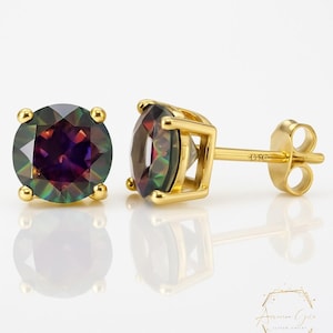 Sterling Silver Round with Mystic Topaz Gemstone CZ Push Backing Thicker post 4mm 5mm 6mm 7mm 8mm Men's Women's Stud Earring 1 pair.