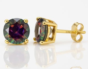 Sterling Silver Round with Mystic Topaz Gemstone CZ Push Backing Thicker post 4mm 5mm 6mm 7mm 8mm Men's Women's Stud Earring 1 pair.