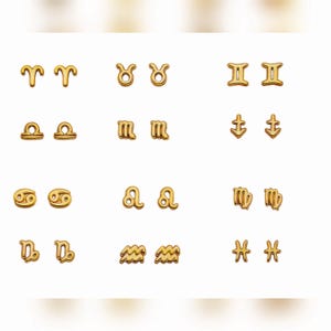 May include: Set of 12 gold-tone zodiac sign stud earrings. Each earring features a different zodiac symbol, including Aries, Taurus, Gemini, Cancer, Leo, Virgo, Libra, Scorpio, Sagittarius, Capricorn, Aquarius, and Pisces.