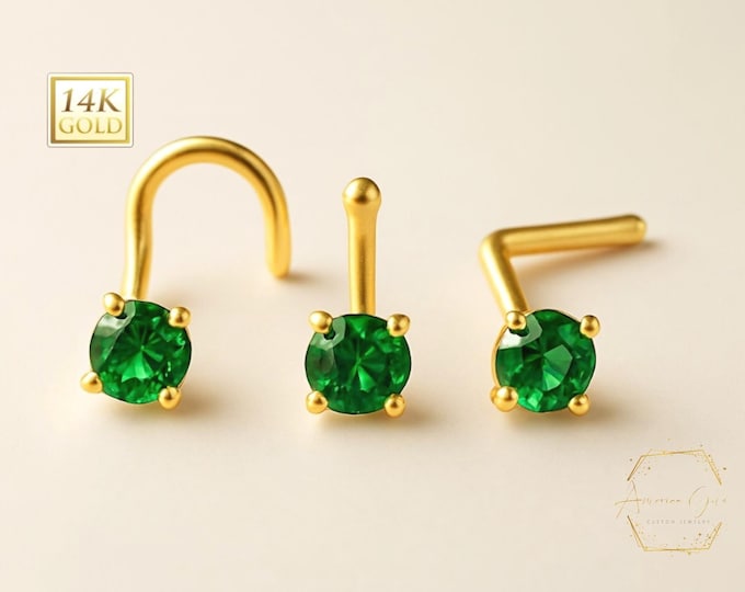 Emerald 14K Gold Nose Ring 20GA , optional gemstone , Post lenght 7mm, Nostril Stud , Nose Ring, Nose Emerald gemstone.