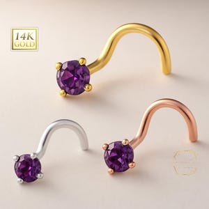 Amethyst  14K Solid gold Genuine Real Amethyst Nose Stud ,  14K Solid Gold in Twisted Crooked Screw, 20 GA Real Natural Amethyst.