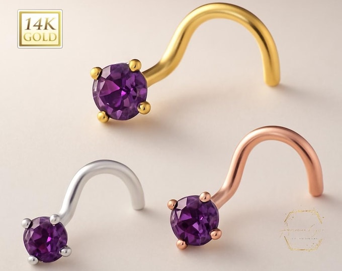 Amethyst  14K Solid gold Genuine Real Amethyst Nose Stud ,  14K Solid Gold in Twisted Crooked Screw, 20 GA Real Natural Amethyst.