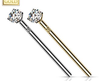19MM Long 14K Solid Gold , Straight end 19 MM super long bend yourself Nose Stud, Diamond Nose Stud, Lab Diamond, 18 GA or 20 GA.