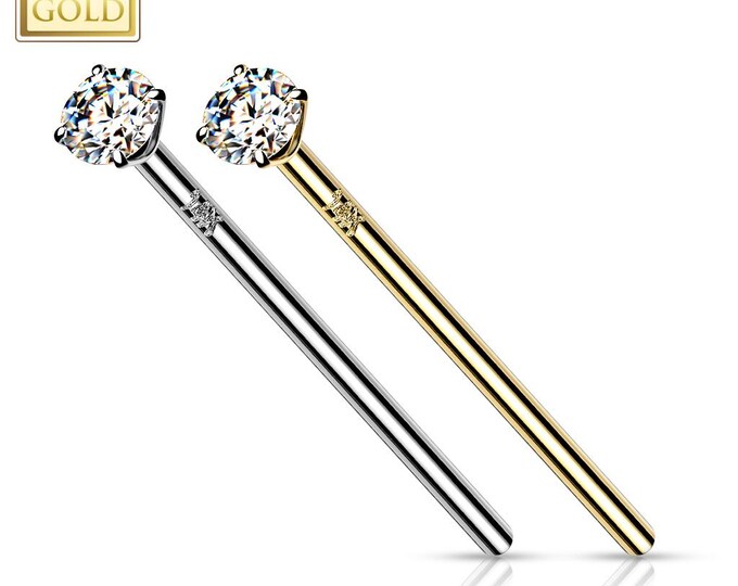 19MM Long 14K Solid Gold , Straight end 19 MM super long bend yourself Nose Stud, Diamond Nose Stud, Lab Diamond, 18 GA or 20 GA.