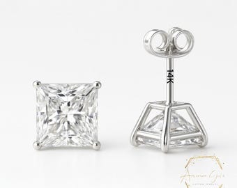 Super Bright Thin Post 14K Solid Yellow Gold Princess Square Cut Birthstone Colors Earring with 4 Prong Setting  22GA