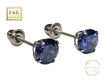 Tanzanite 14K Real Yellow Gold Light Weight Gold sold in 1 Pair Round Solitaire Optional of Cubic Zircon or Natural Tanzanite