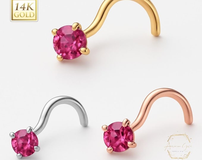 Pink Tourmaline 14K Gold Nose Stud ,  14K Solid Gold in Twisted Crooked Screw, 20 GA, Nose Pin, Nostril, Nose Jewel
