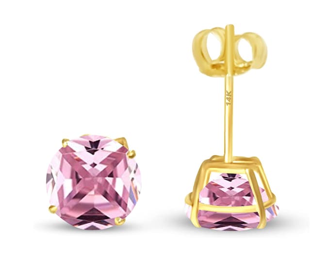 Pink 14K Real Yellow Gold Light Weight Gold Push Backing sold in 1 Pair Round Solitaire Pink October Earrings stud.