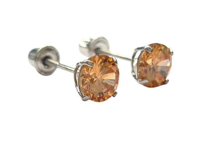 Champange CZ 14K Real Yellow Gold Light Weight Gold sold in 1 Pair Round Solitaire Champage Peach Color Cubic Zircon Earrings stud.