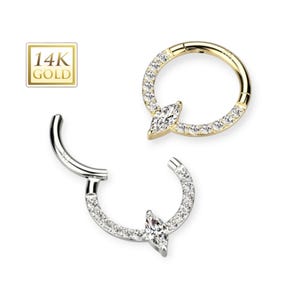 14K Gold Hinged Segment Hoop Ring With Front Facing Round or Marquise CZ Center and CZ Paved Sides 16 Gauge.