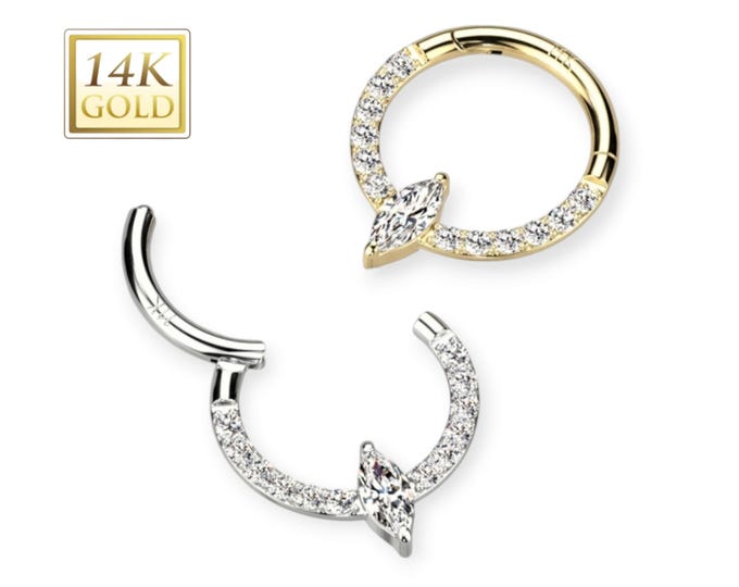 14K Gold Hinged Segment Hoop Ring With Front Facing Round or Marquise CZ Center and CZ Paved Sides 16 Gauge.