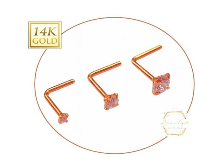 14K Rose Gold , L Shaped Nose Stud, Diamond Nose Stud, Moissanite , Lab Diamond, Nose Stud 20 GA 1.50mm-3.50mm Gemstone Nose Piercing.