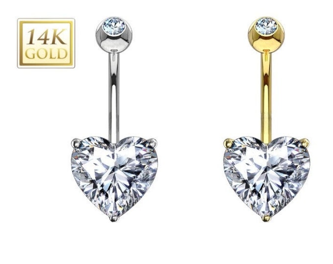 14K Gold Heart CZ Prong Set Navel Belly Button Ring  14 Gauge post length 3/8"  10.00MM