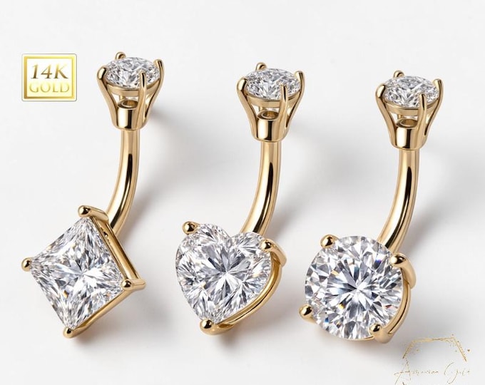 14K Gold Shape CZ Prong Set Navel Belly Button Ring  14 Gauge post length 3/8"  10.00MM